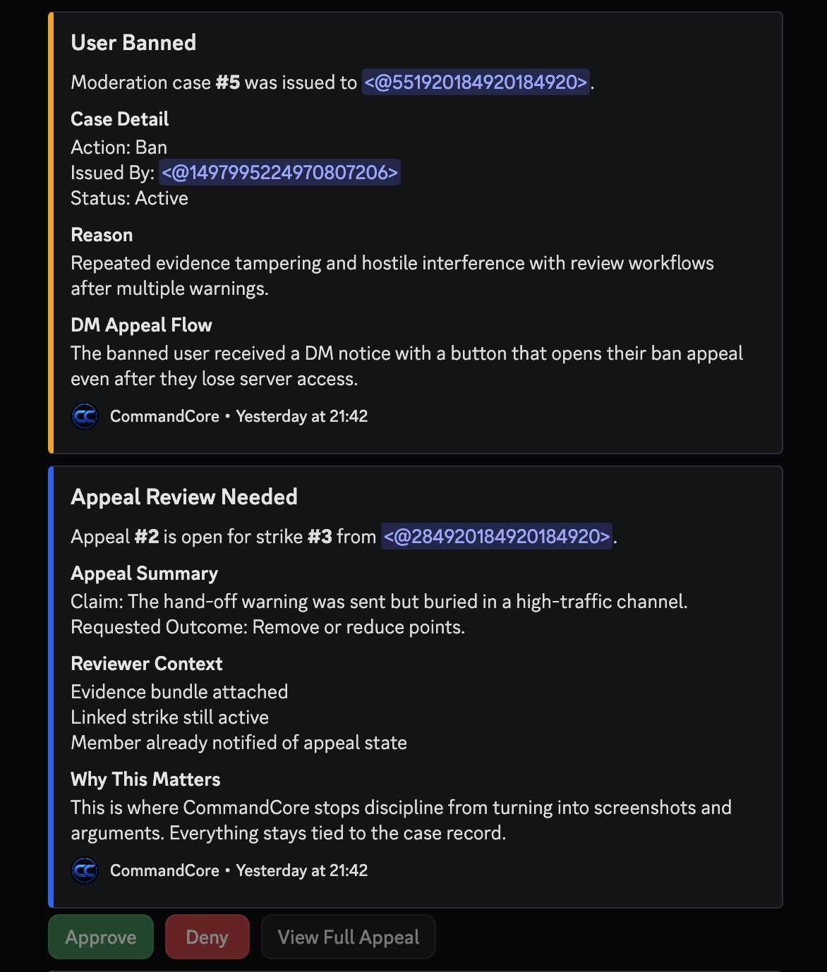 CommandCore moderation and appeal review cards in Discord.