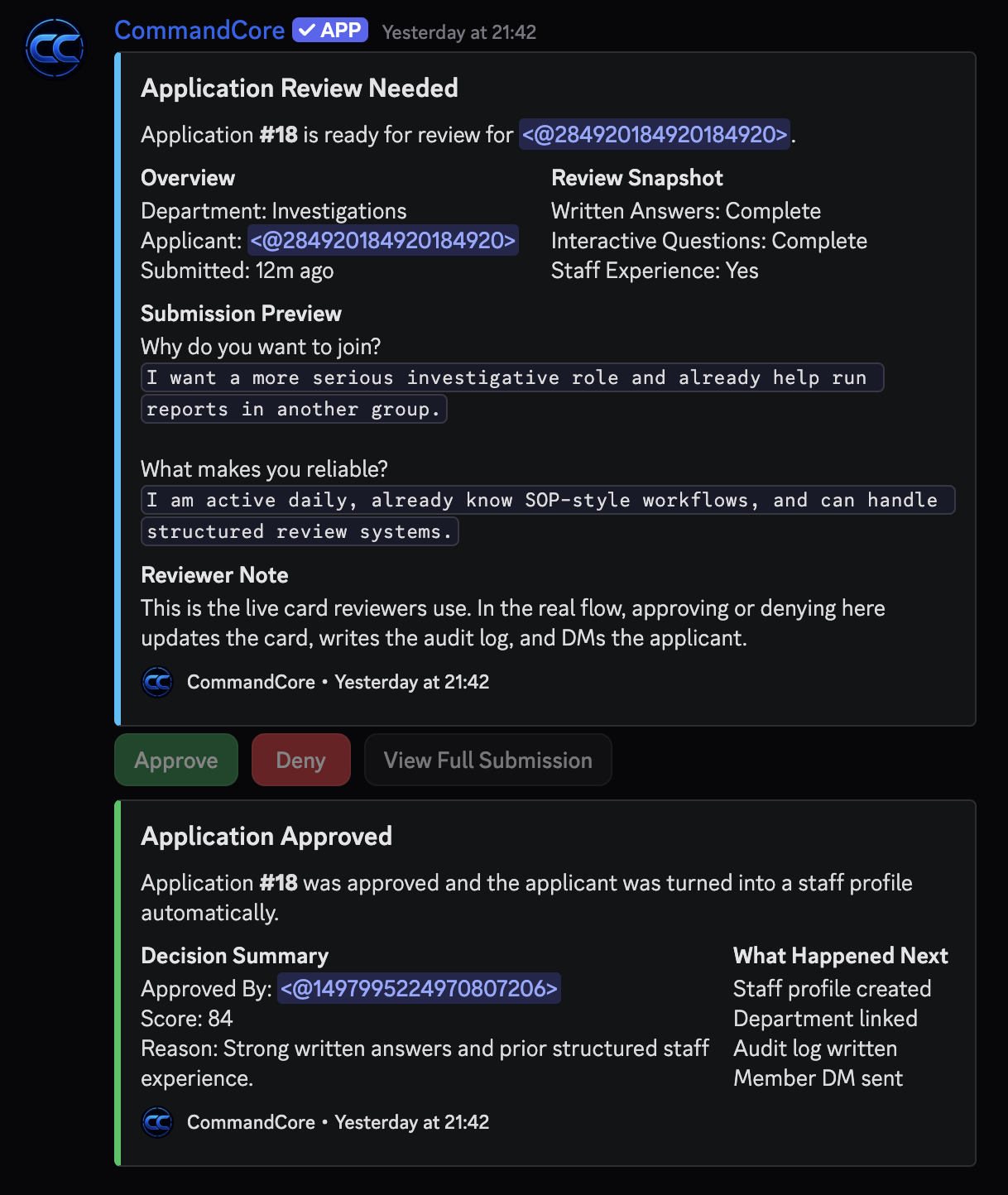 CommandCore application review and approval cards in Discord.