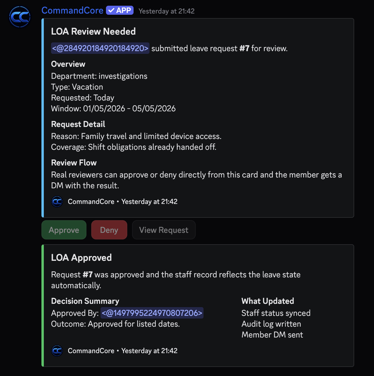 CommandCore leave of absence review and approval cards in Discord.