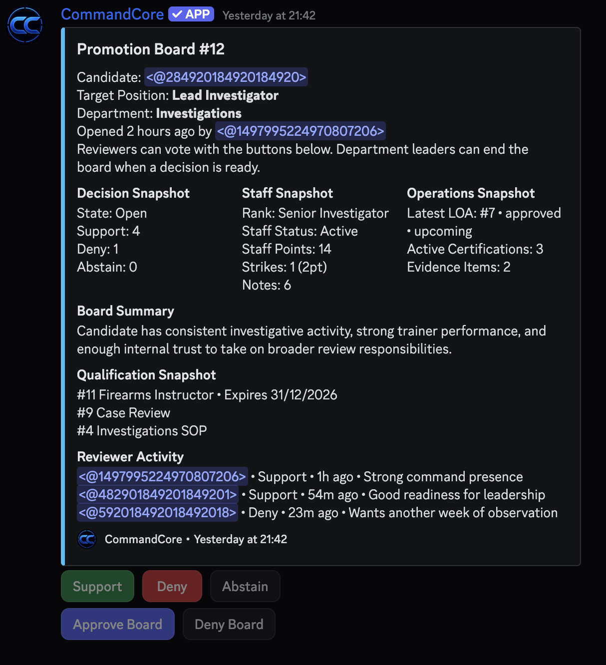 CommandCore promotion board card with reviewer votes and qualification snapshot.