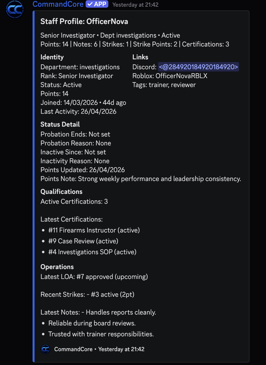 CommandCore staff profile card showing identity, status, qualifications, and operations context.